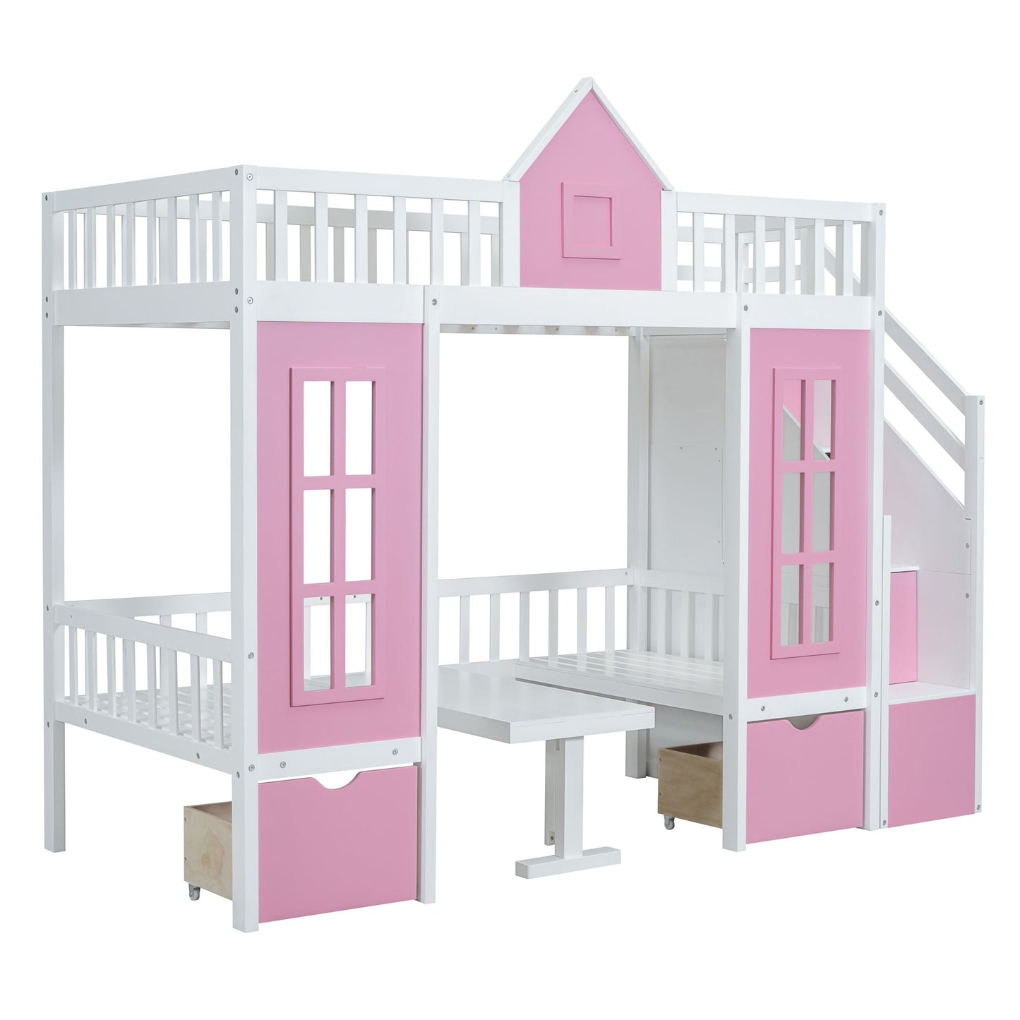 Kids Bedroom Twin Over Twin Wood Bunk Bed with Changeable Table and Desk, Pink | Just Better Bunk Beds