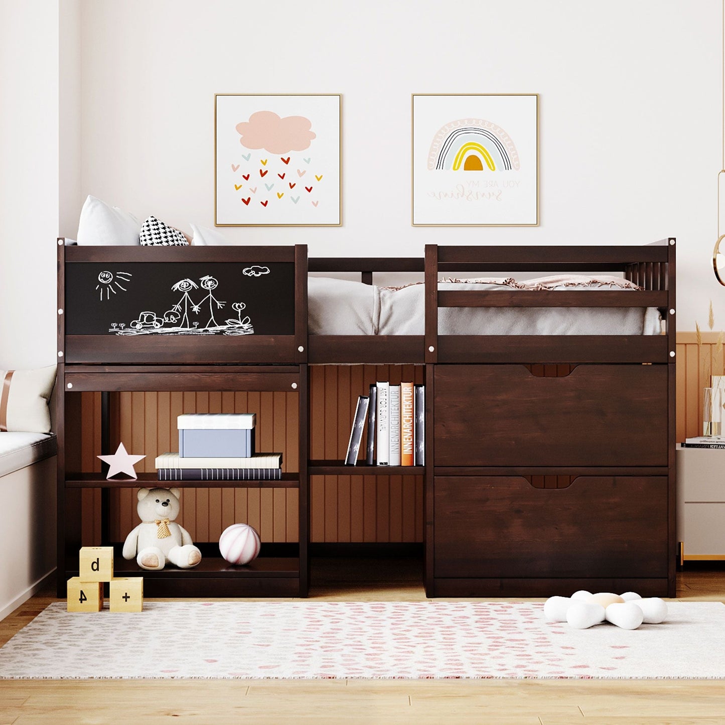 Space-Saving Twin Low Loft Wood Bed with Rolling Desk, Shelf, Drawers, White | Just Better Bunk Beds