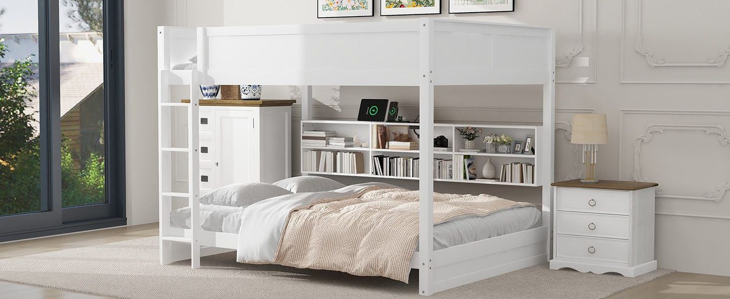 Shared Room Solution Queen Over Queen Wood Bunk Bed with Storage and USB Ports, White | Just Better Bunk Beds