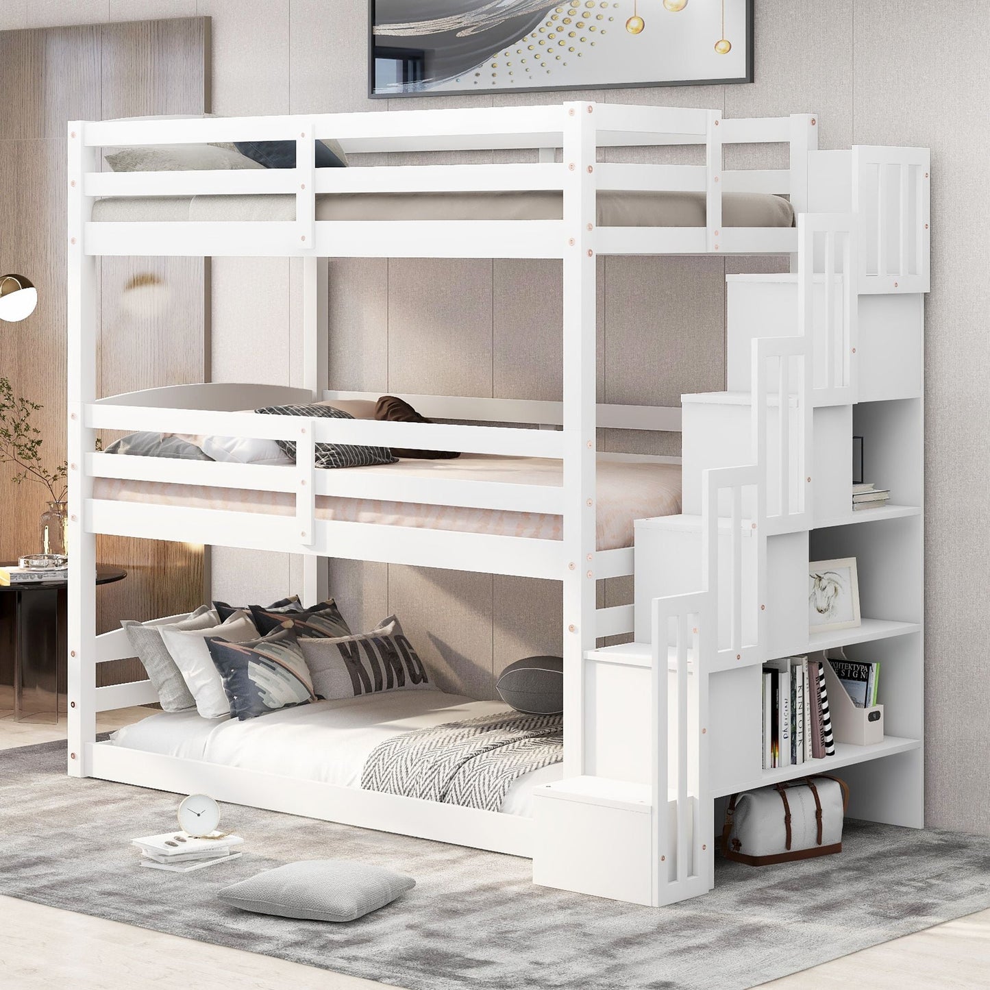 Shared Room Solution Twin Triple Wood Bunk Bed with Storage Staircase, White | Just Better Bunk Beds