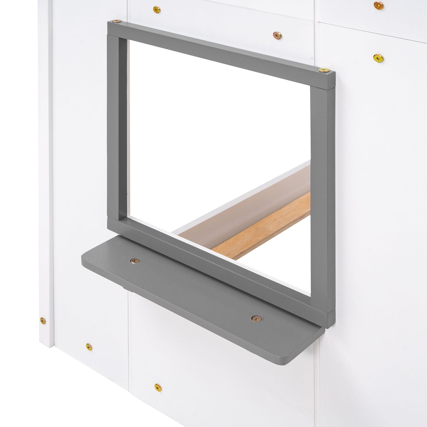 Kids Bedroom Twin Over Twin Wood Bunk Bed with Roof, Window, Guardrail, Ladder, White | Just Better Bunk Beds