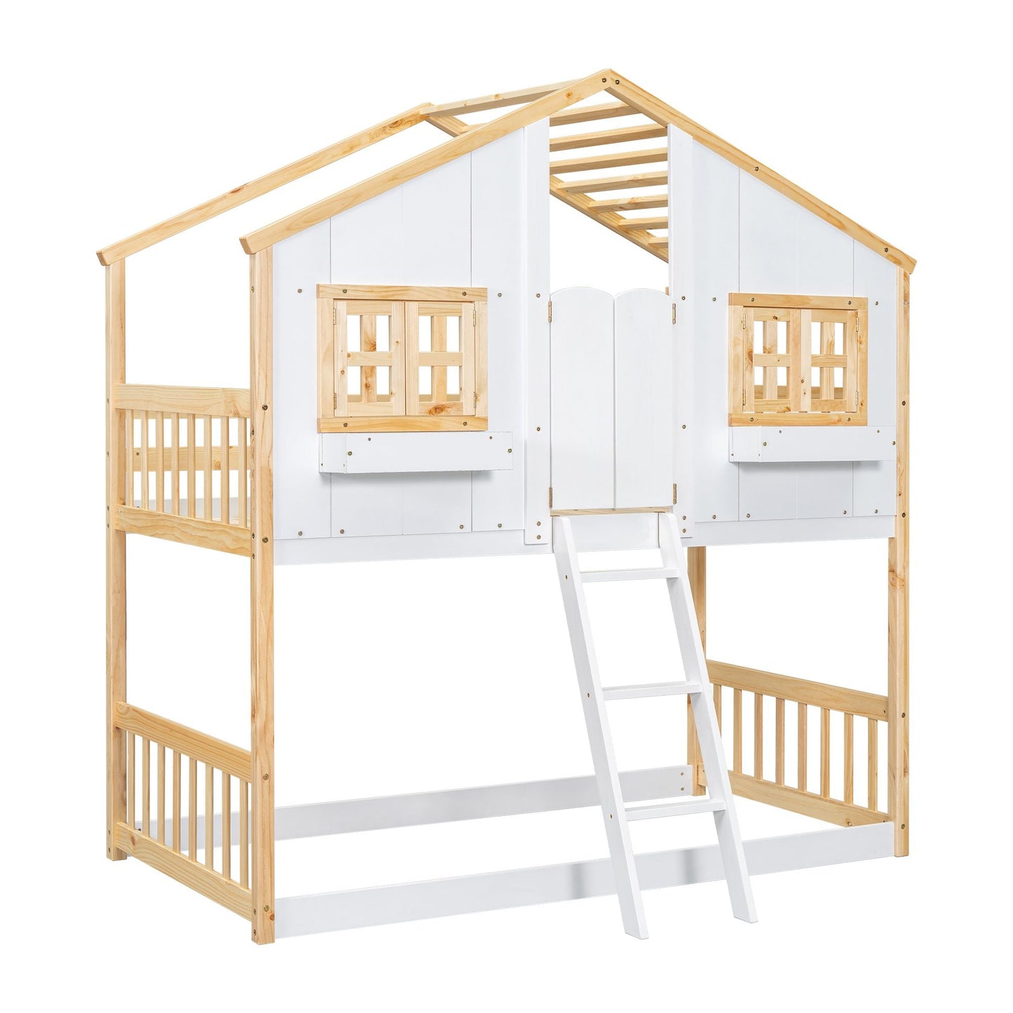 House-Style Twin Over Twin Wood Bunk Bed with Roof, Window, Door, and Ladder, Multiple Colors | Just Better Bunk Beds