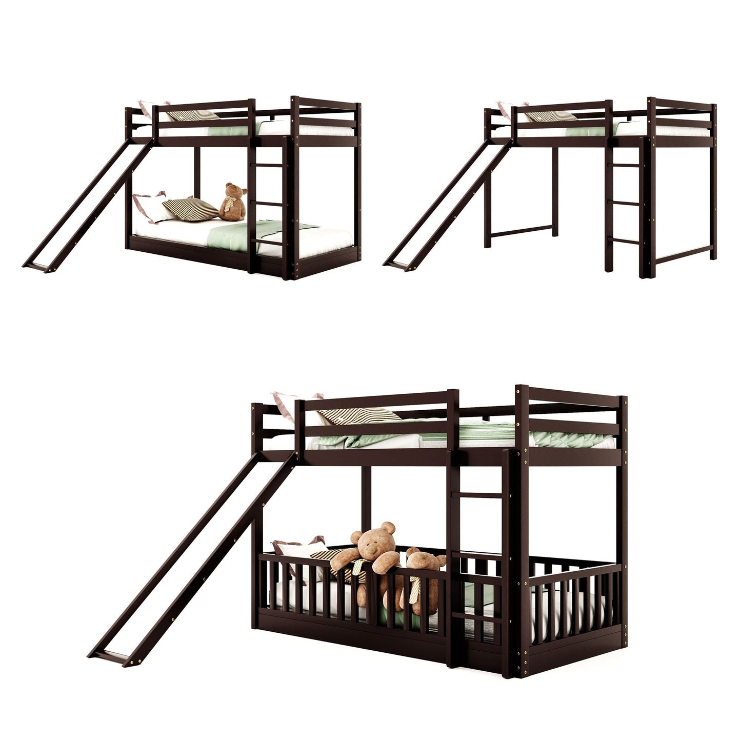 Kids Bedroom Twin Over Twin Wood Bunk Bed with Slide and Ladder, Espresso | Just Better Bunk Beds