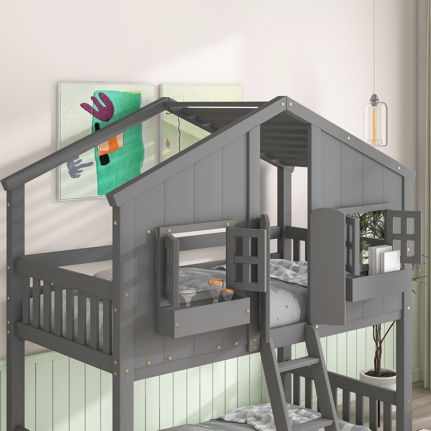 House-Style Twin Over Twin Wood Bunk Bed with Roof, Window, Door, and Ladder, Multiple Colors | Just Better Bunk Beds