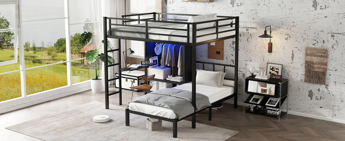 Space-Saving Full XL Over Twin Metal Bunk Bed with Folding Desk and LED Closet, Black | Just Better Bunk Beds