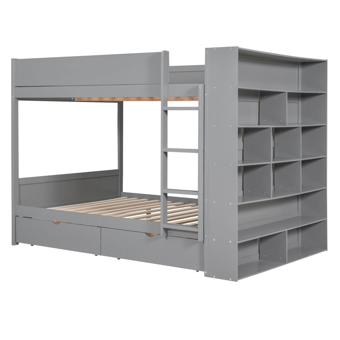 Storage Full Over Full Wood Bunk Bed with 2 Drawers and Multi-Layer Cabinet, Gray | Just Better Bunk Beds