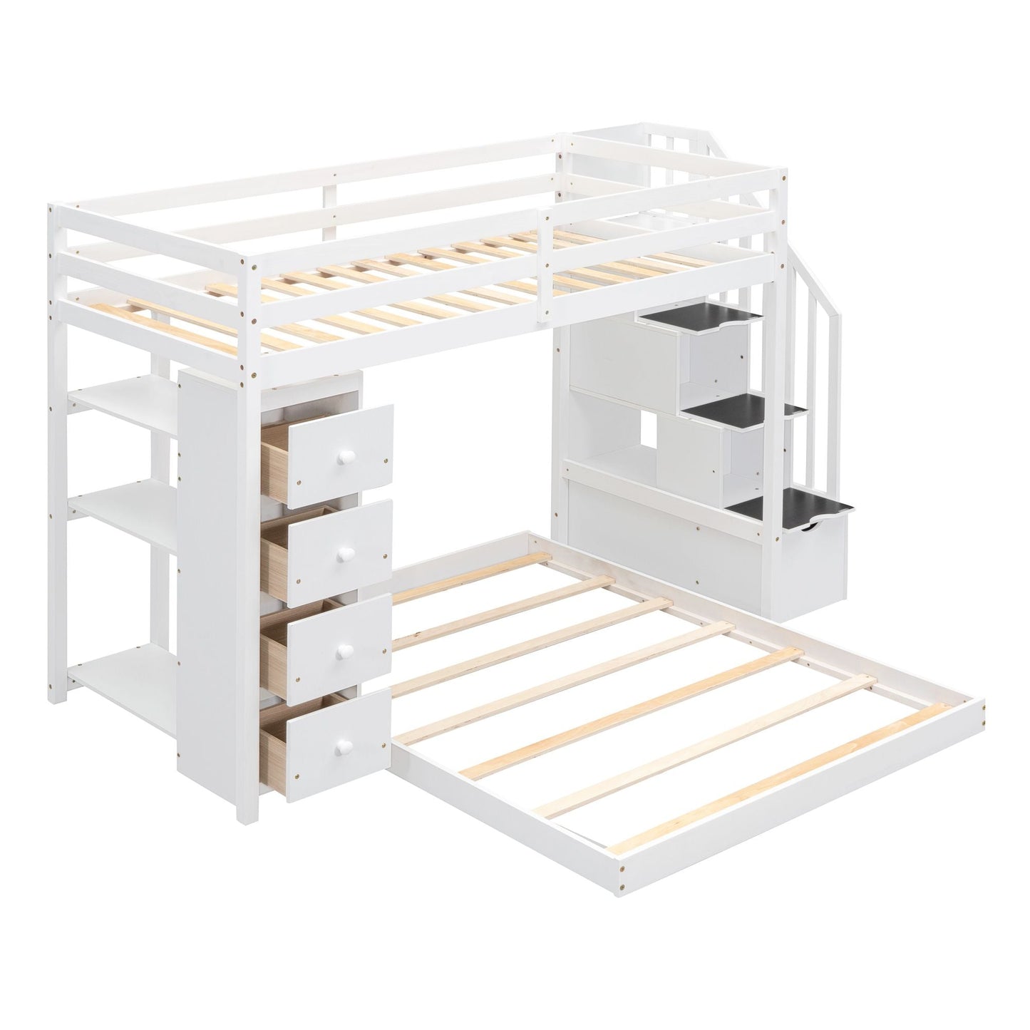 Storage Staircase Twin Over Full Wood Bunk Bed with 3-Layer Shelves and Drawers, White | Just Better Bunk Beds