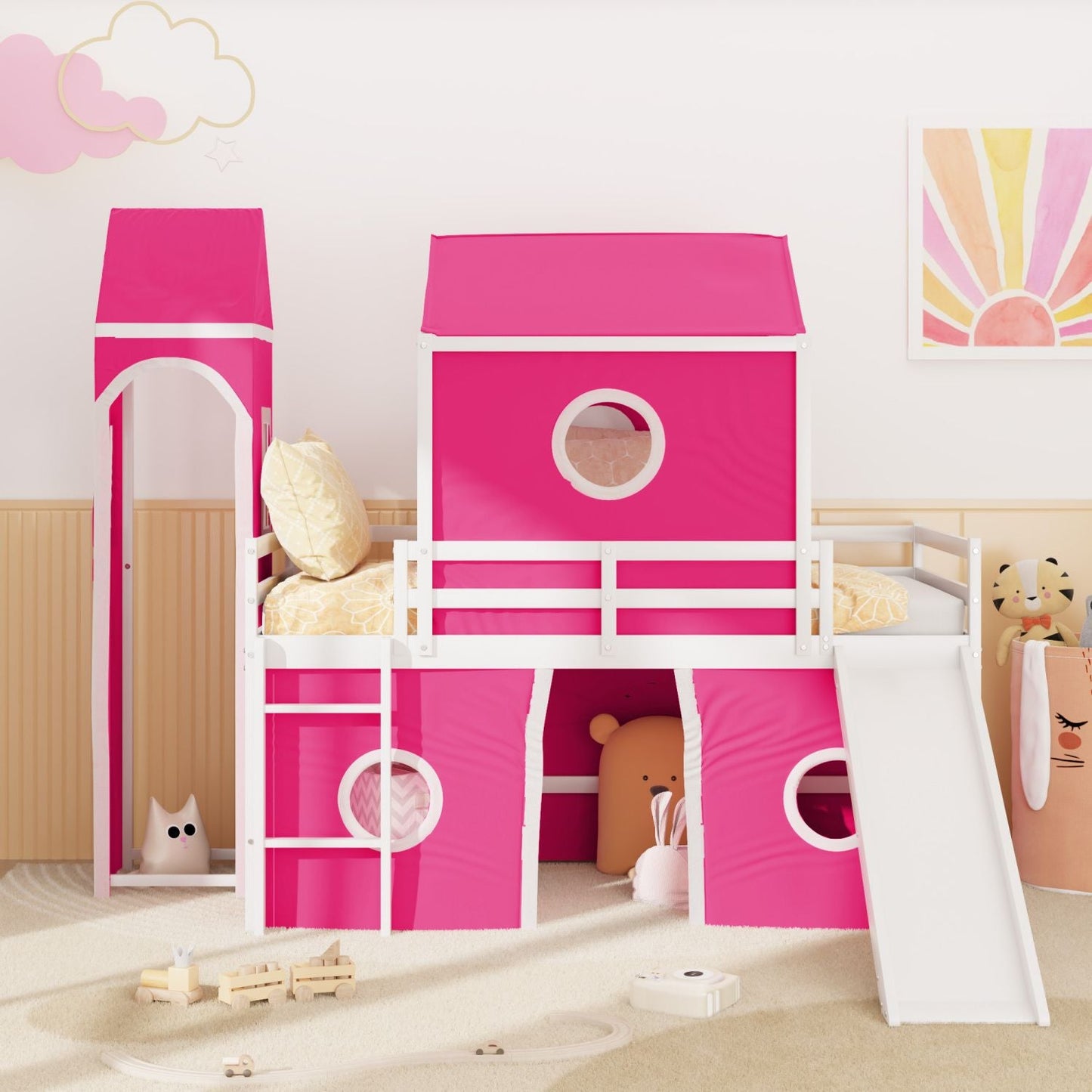 Kids Bedroom Twin Loft Bed with Slide, Pink Tent and Tower, Pink Wood | Just Better Bunk Beds