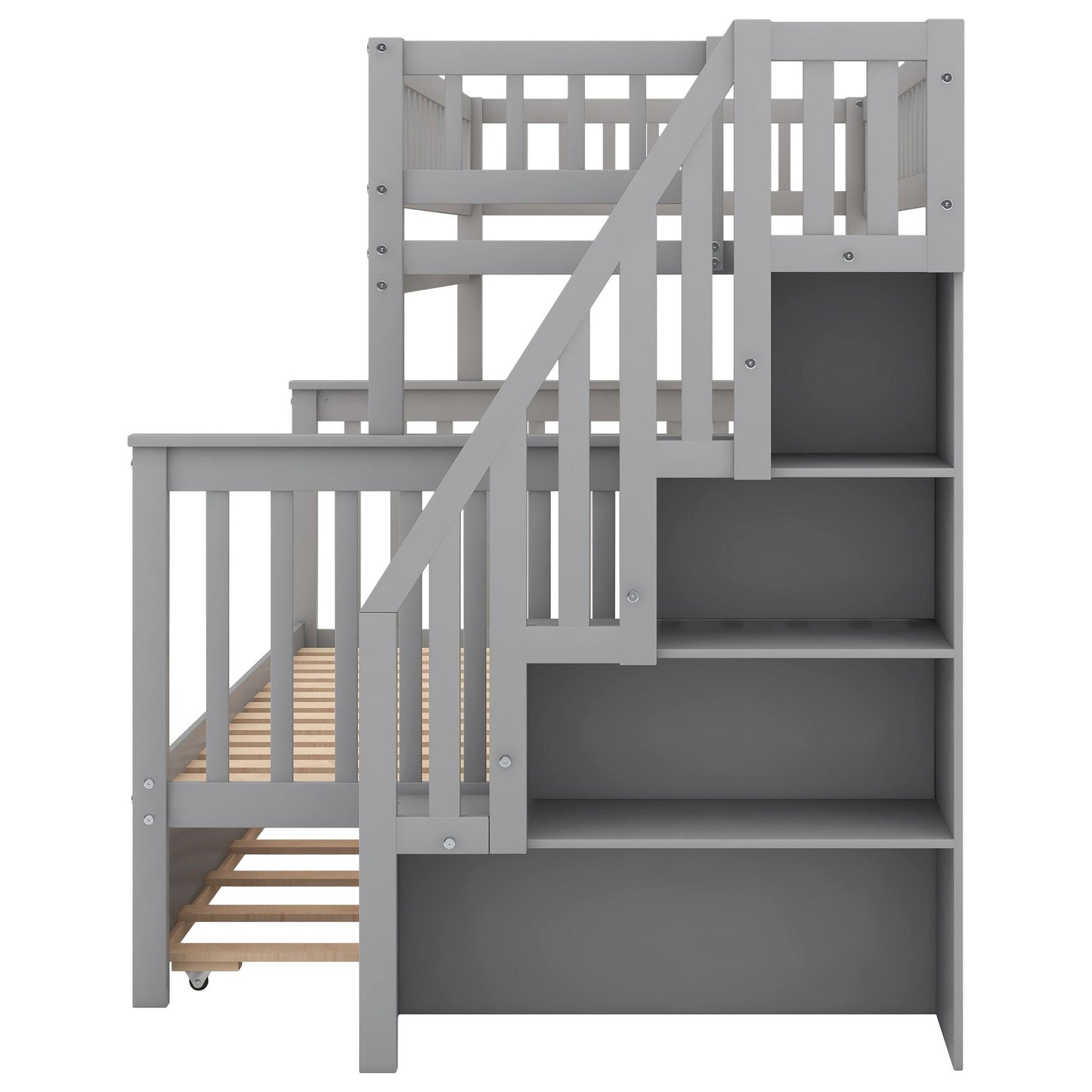 Staircase Storage Twin Over Full Wood Bunk Bed with Trundle, Gray | Just Better Bunk Beds