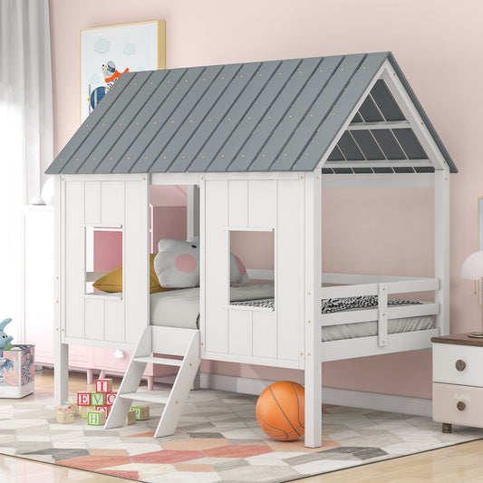 House-Style Twin Low Loft Wood Bed with Roof and Two Front Windows, White | Just Better Bunk Beds