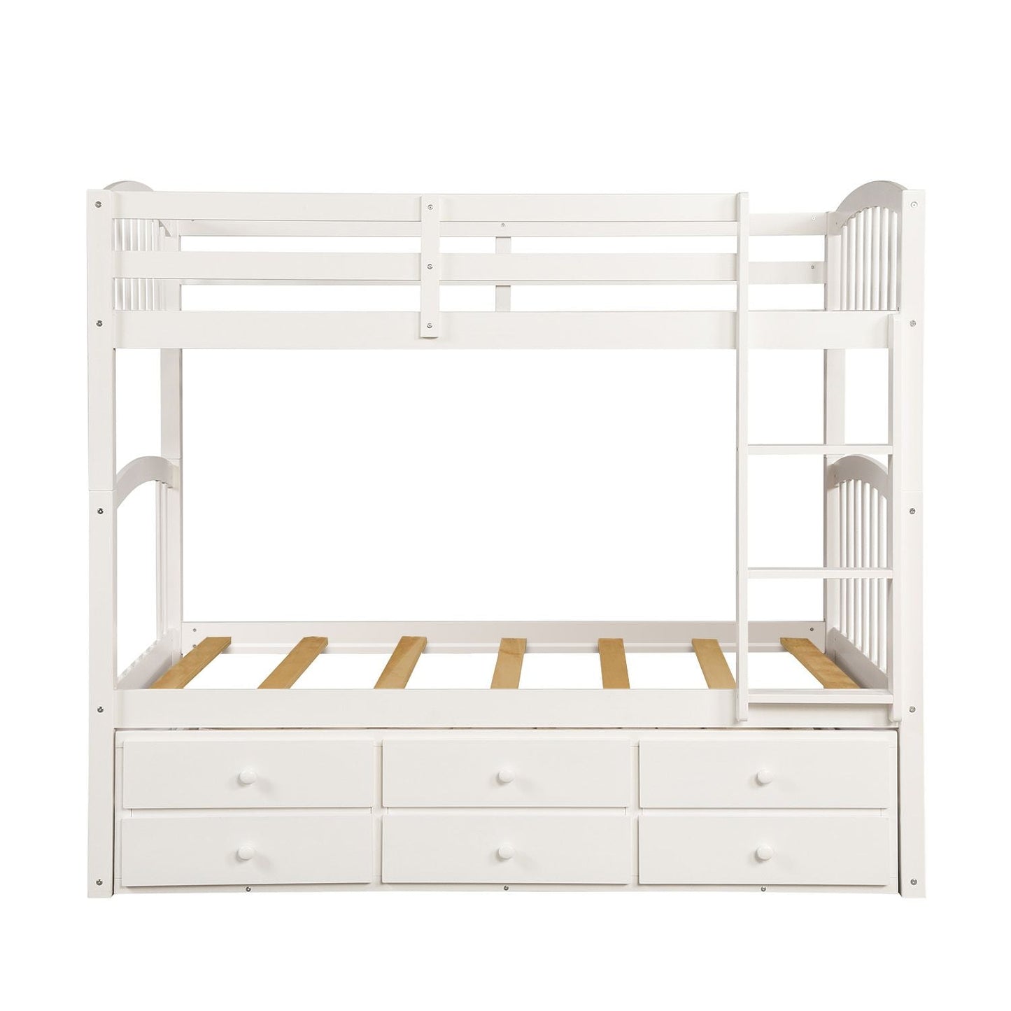 Shared Room Solution Twin Wood Bunk Bed with Ladder, Safety Rail, Twin Trundle and 3 Drawers, White | Just Better Bunk Beds