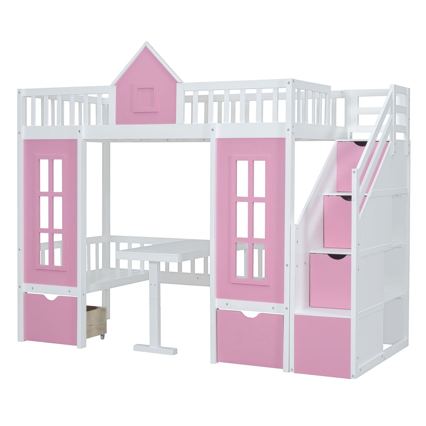 Space-Saving Twin Over Twin Wood Bunk Bed with Changeable Table, Upper Bed and Down Desk, Pink | Just Better Bunk Beds
