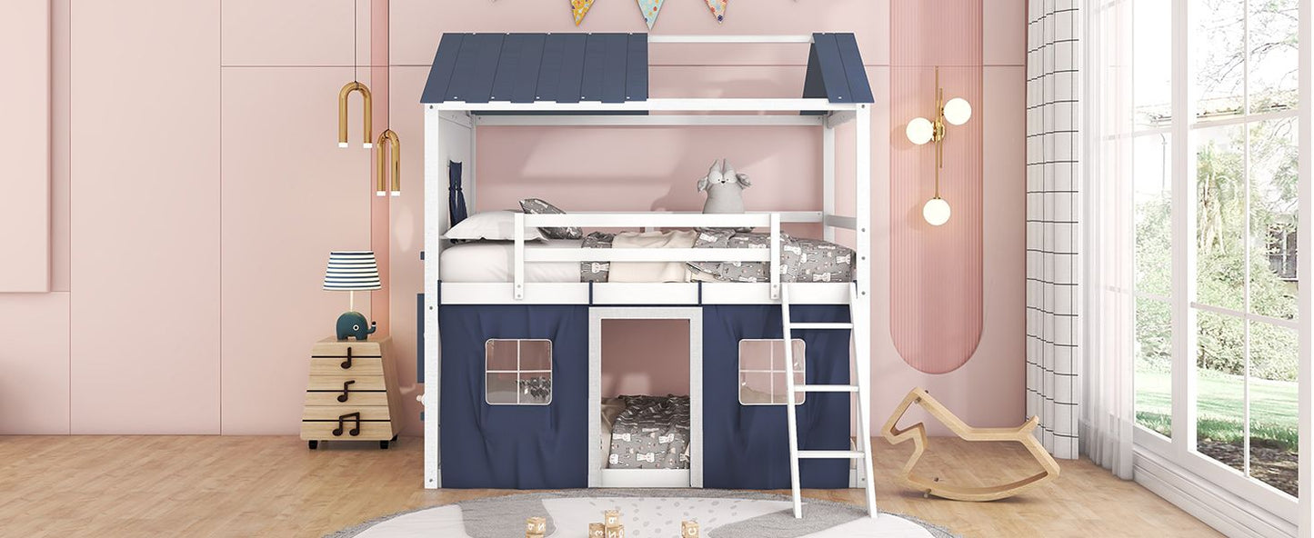Kids Bedroom Full Wood House-Style Bunk Bed with Windows and Tent, Blue White | Just Better Bunk Beds