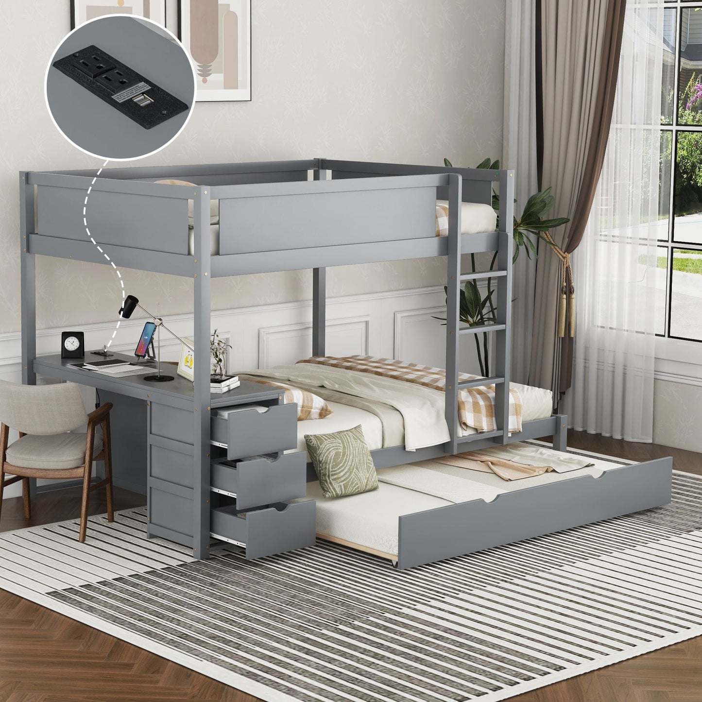 Multi-Functional Full Over Full Wood Bunk Bed with Trundle, Storage, and Desk, Gray | Just Better Bunk Beds