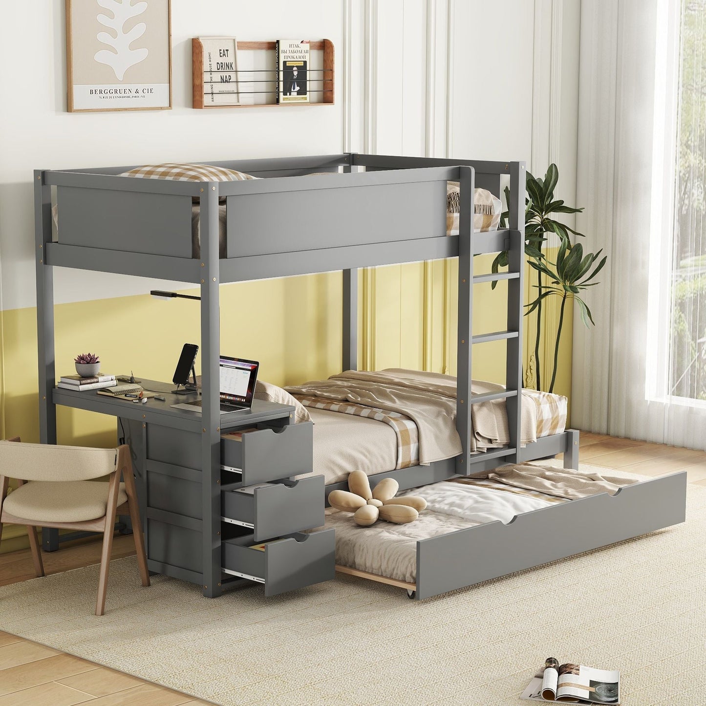 Space-Saving Twin Over Twin Wood Bunk Bed with Twin Trundle, Storage, Desk, Gray | Just Better Bunk Beds