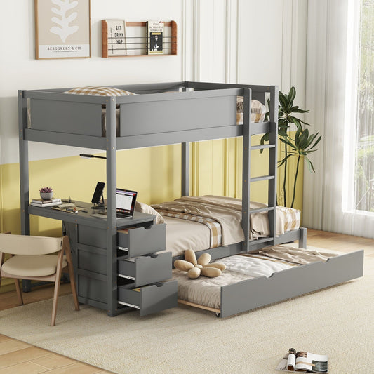 Space-Saving Twin Over Twin Wood Bunk Bed with Twin Trundle, Storage, Desk, Gray | Just Better Bunk Beds