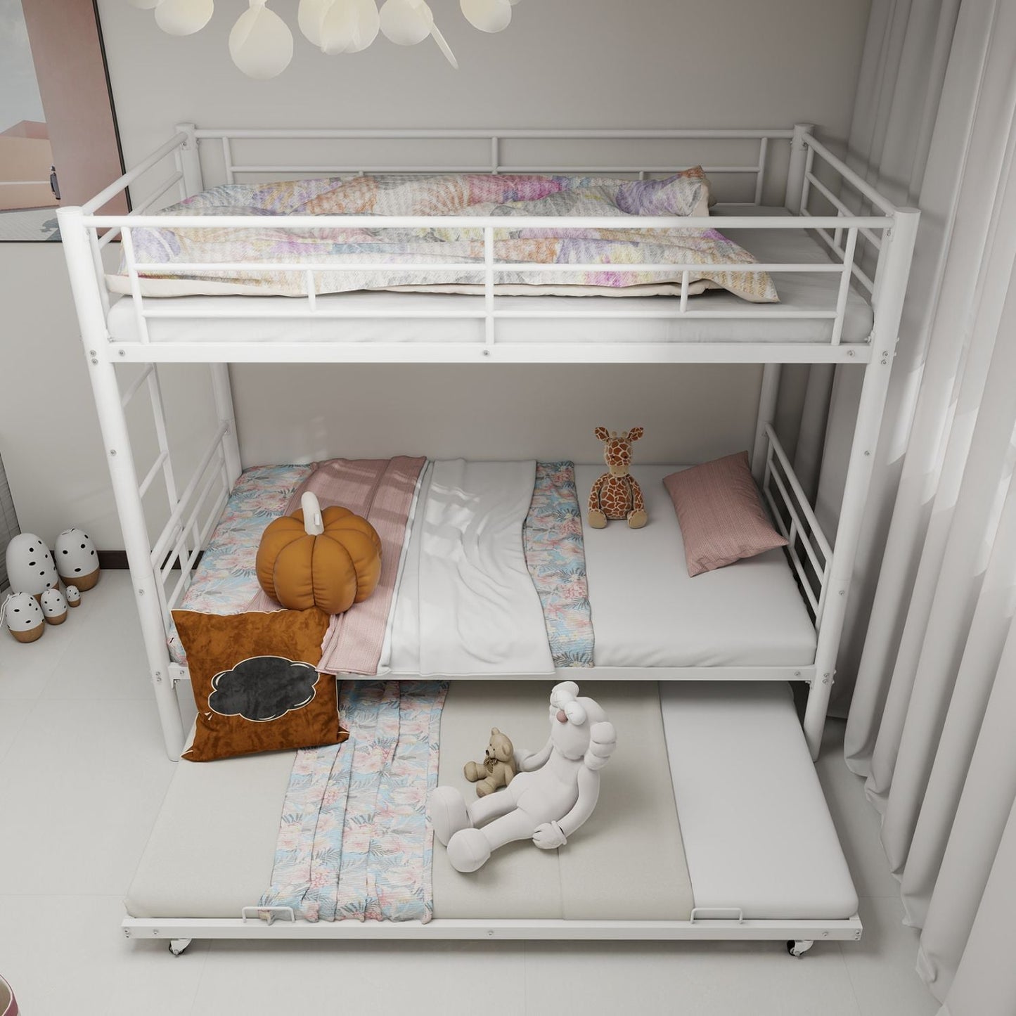 Heavy-duty Sturdy Meta Twin over Twin Bunk Bed/l/ Noise Reduced/ Safety Guardrail/No Box Spring Needed, White