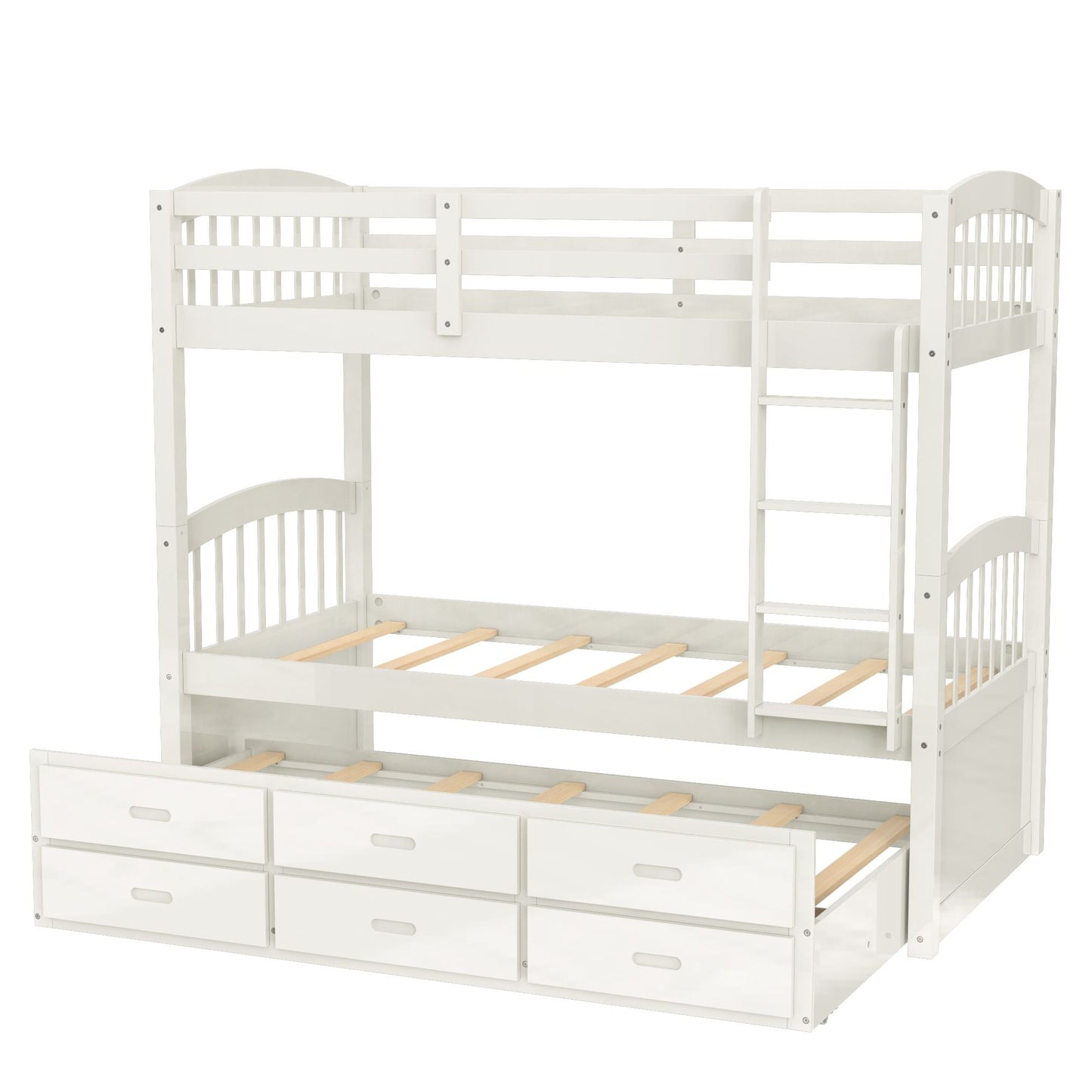 Space-Saving Twin Over Twin Wood Bunk Bed with Trundle and Drawers, White | Just Better Bunk Beds