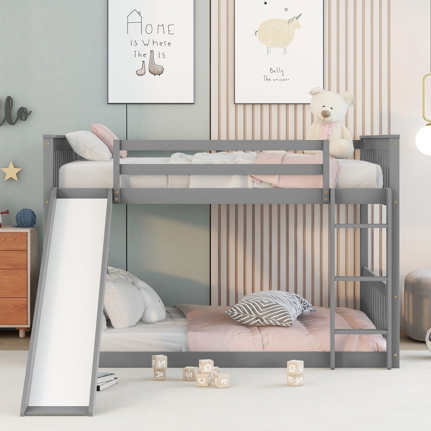 Space-Saving Full Over Full Wood Bunk Bed with Slide and Safety Guardrails, White | Just Better Bunk Beds