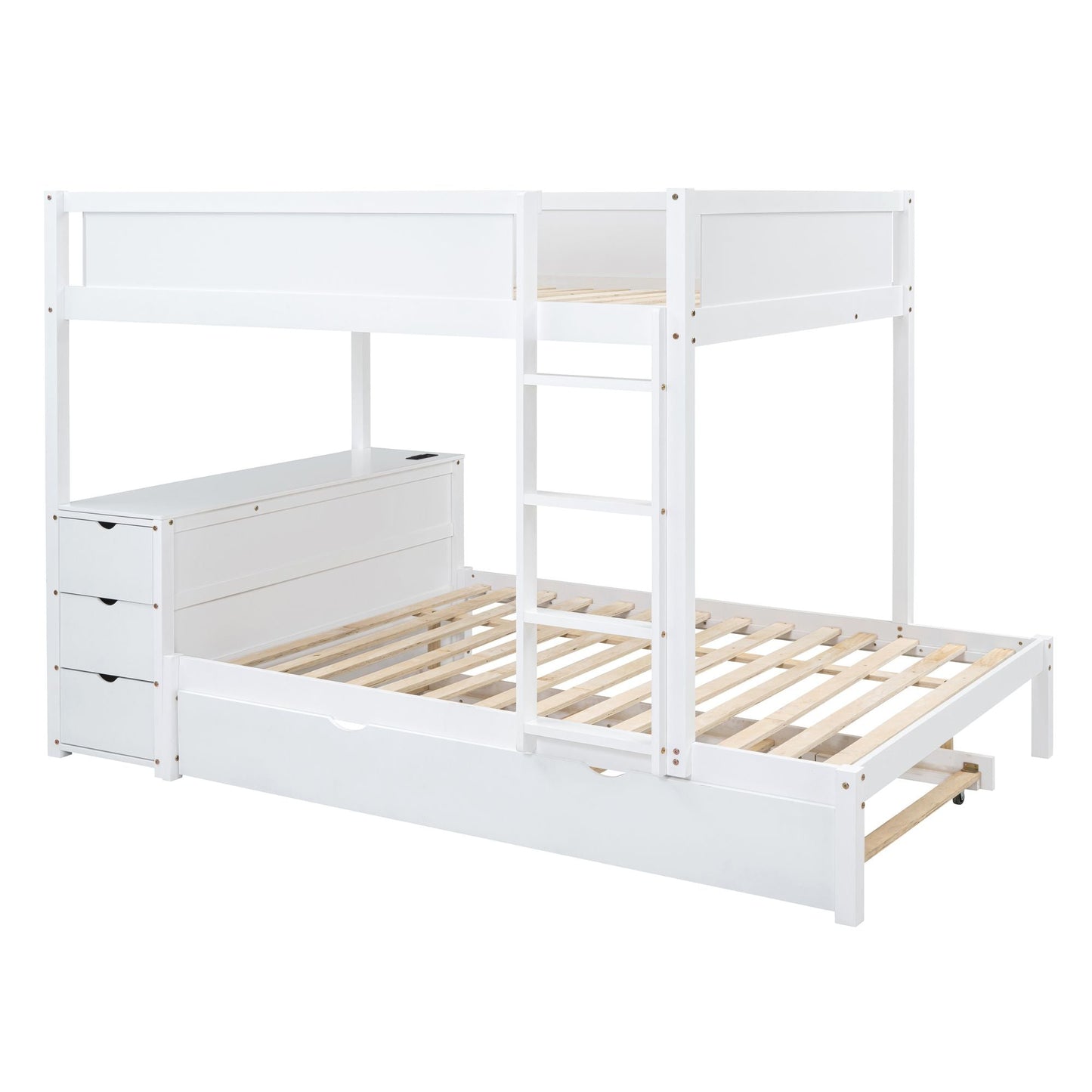 Multi-Functional Full Over Full Wood Bunk Bed with Twin Trundle, Storage, Desk, White | Just Better Bunk Beds