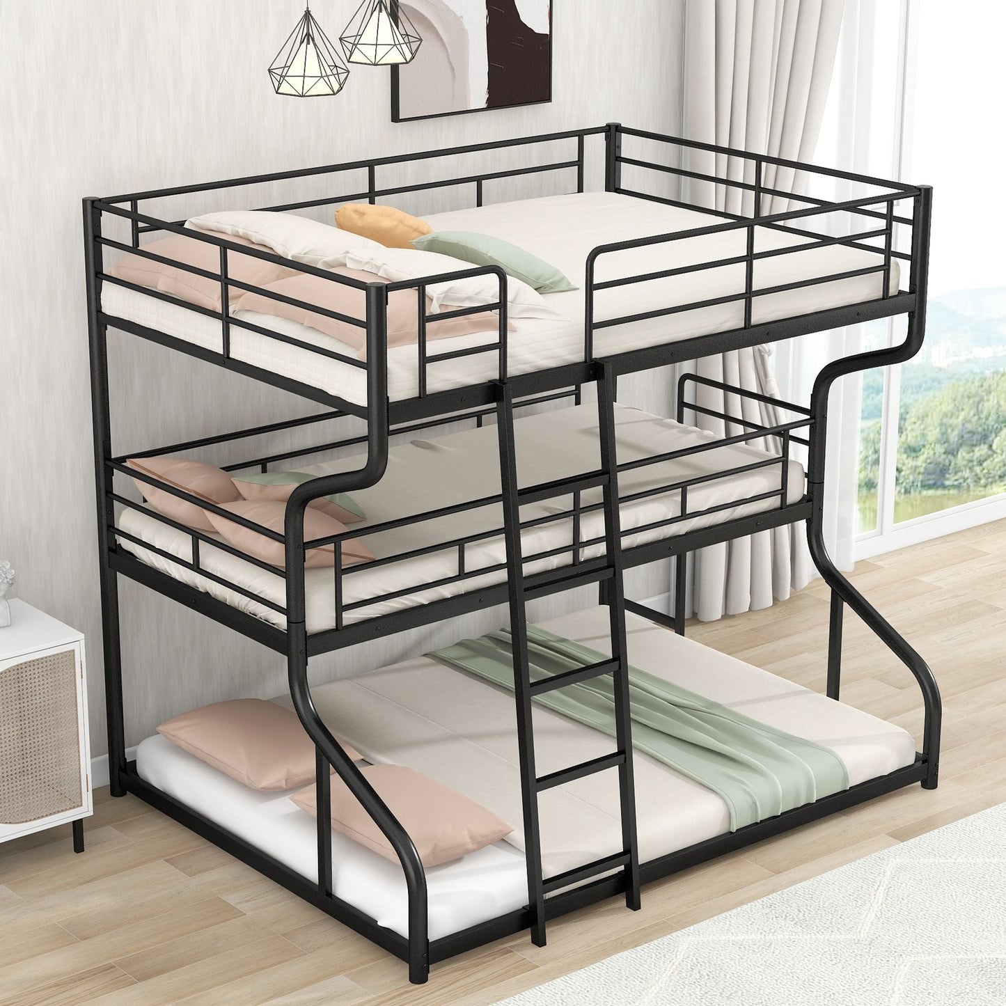 Shared Room Solution Full XL Over Twin XL Over Queen Wood Triple Bunk Bed, White | Just Better Bunk Beds