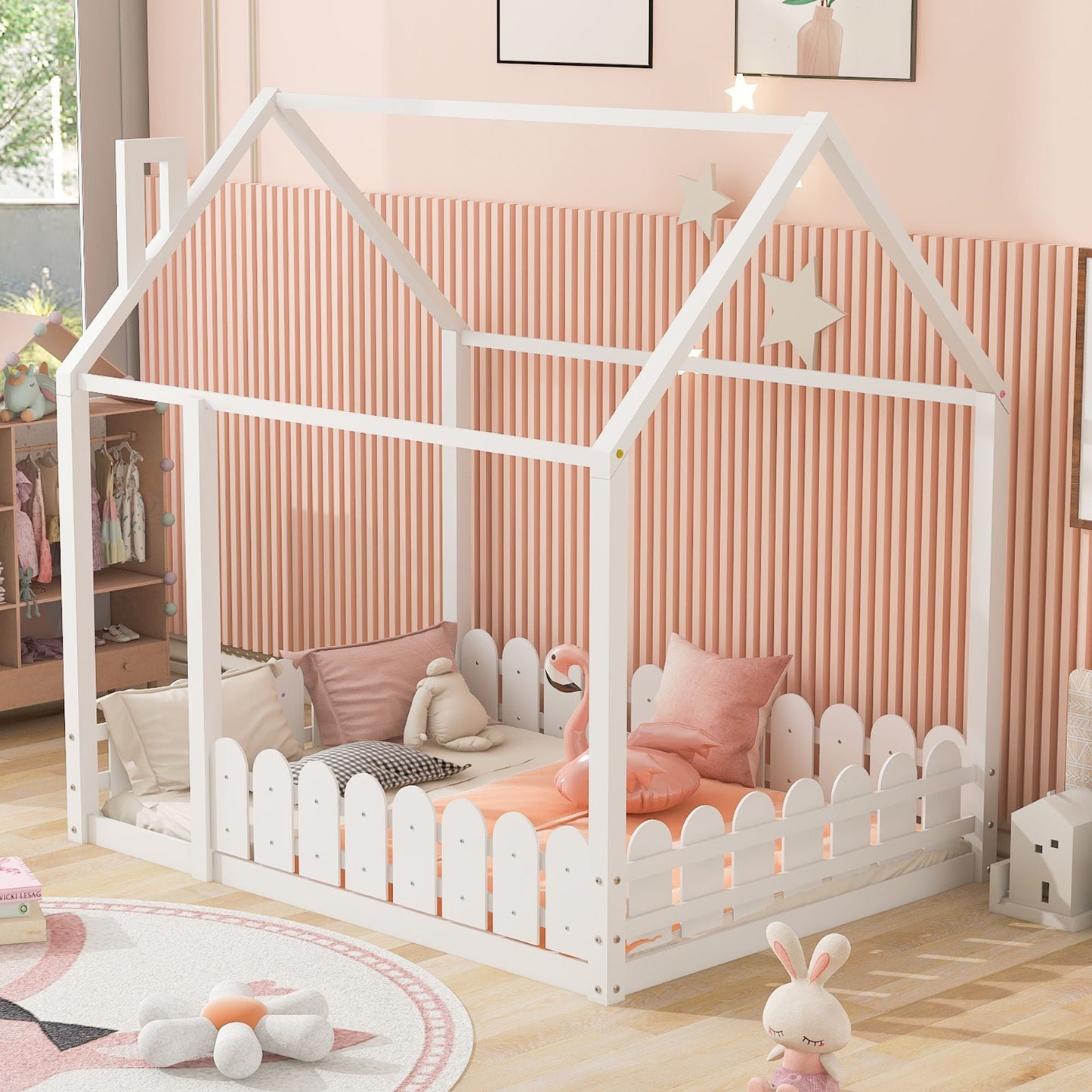 Kids Bedroom Full Wood Bed Frame with Protective Fence, White | Just Better Bunk Beds