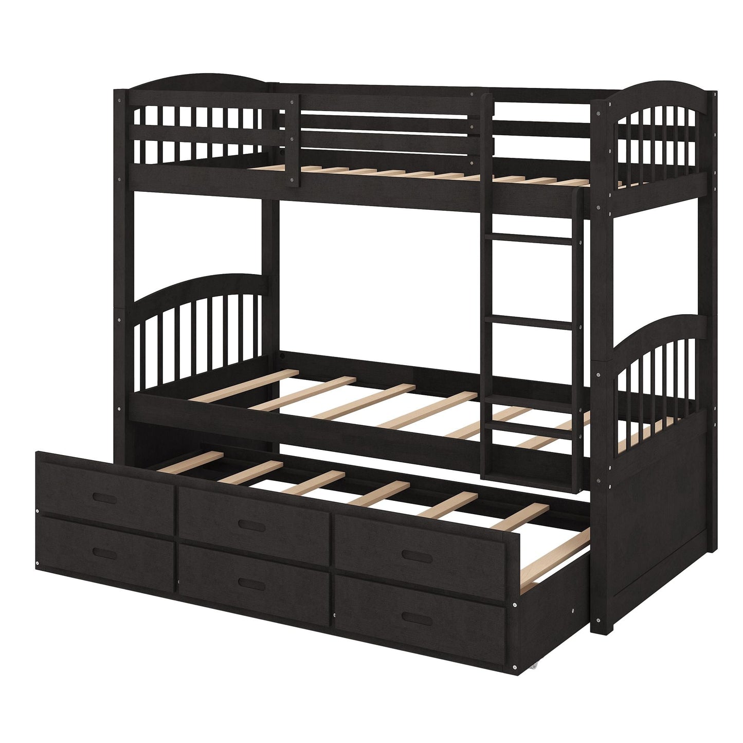 Shared Room Solution Twin Over Twin Wood Bunk Bed with Trundle and Drawers, Espresso | Just Better Bunk Beds