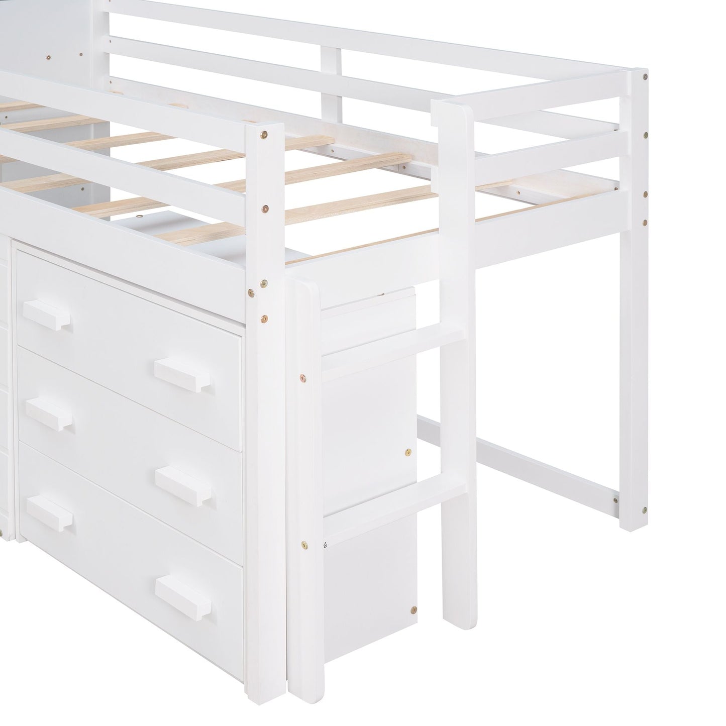 Kids Bedroom Twin Wood Loft Bed with Cabinet and Shelf, White | Just Better Bunk Beds