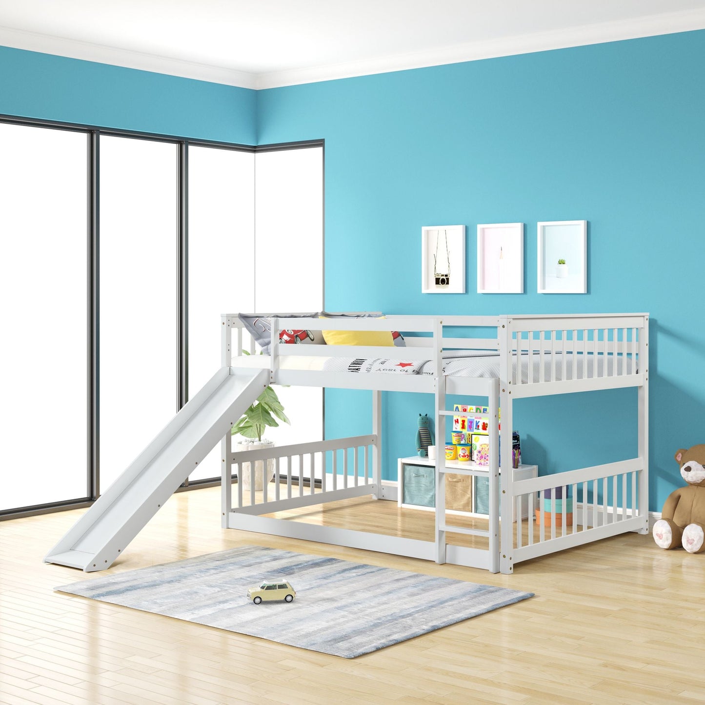 Space-Saving Full Over Full Wood Bunk Bed with Slide and Safety Guardrails, White | Just Better Bunk Beds