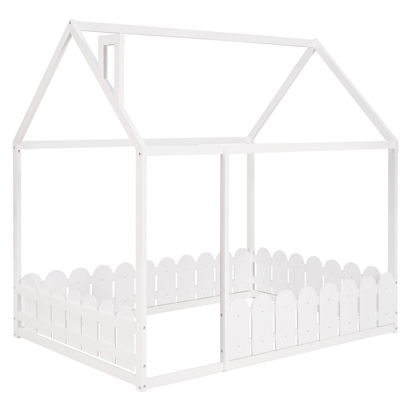 Kids Bedroom Full Wood Bed Frame with Protective Fence, White | Just Better Bunk Beds