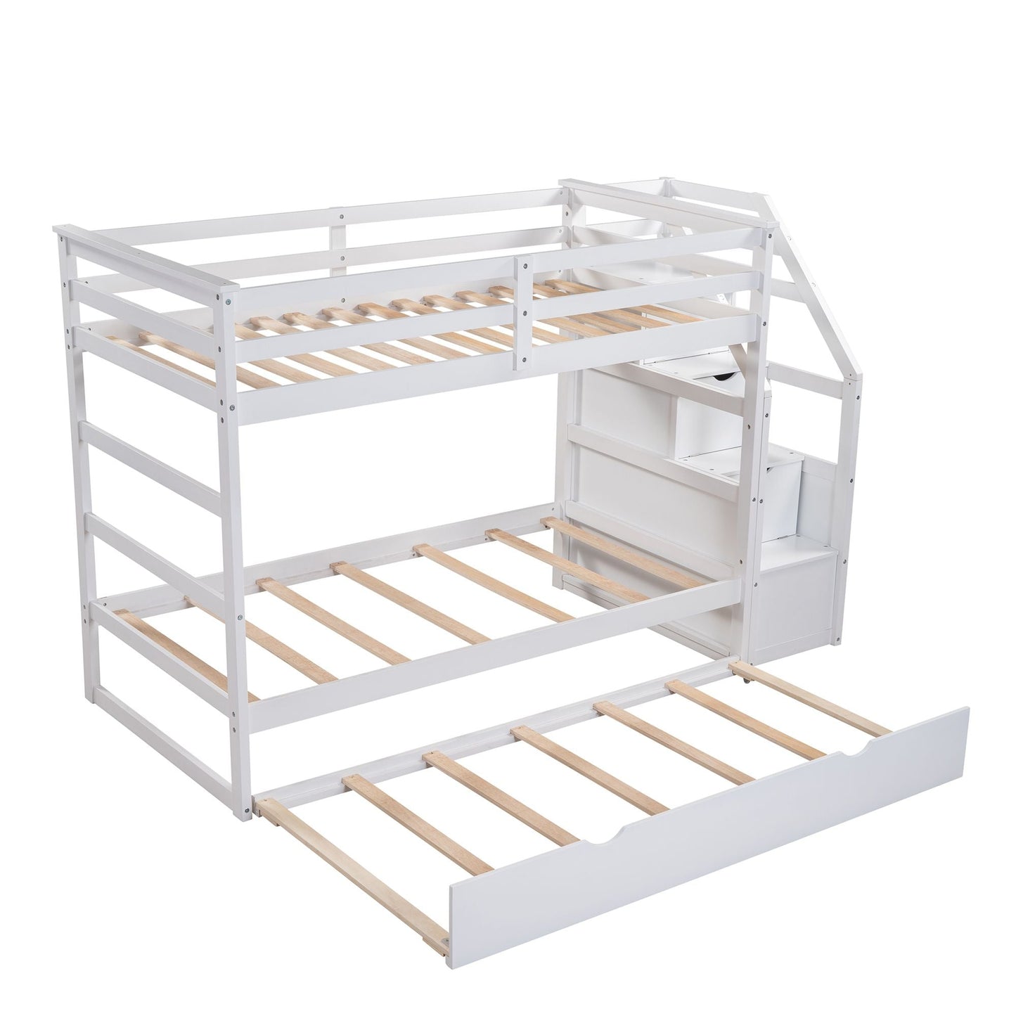 Space-Saving Twin Over Twin Wood Bunk Bed with Twin Trundle and 3 Storage Stairs, White | Just Better Bunk Beds