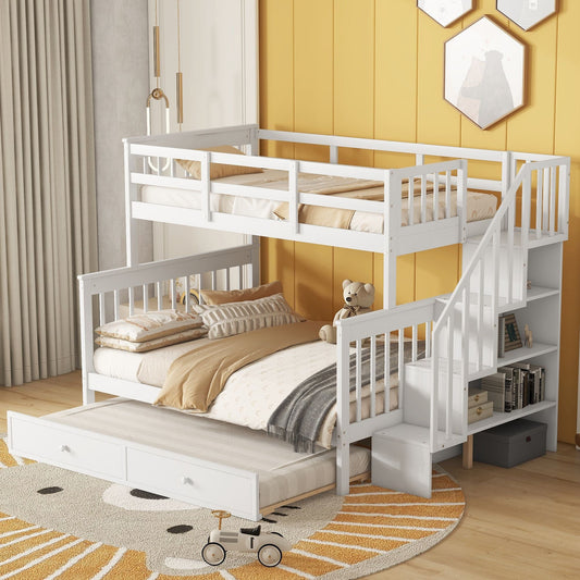 Staircase Storage Twin Over Full Wood Bunk Bed with Trundle, Storage, and Guard Rail, White | Just Better Bunk Beds