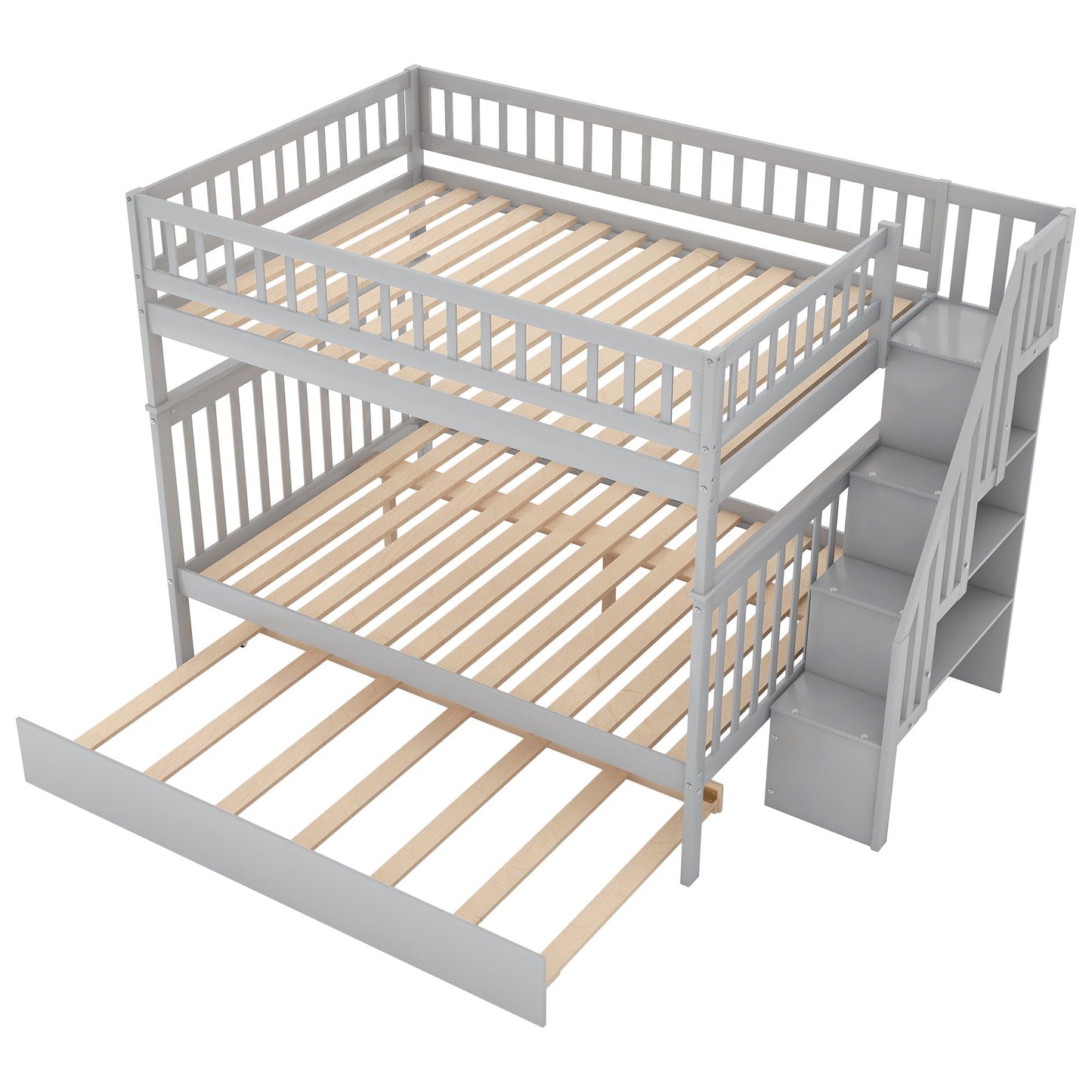 Space-Saving Full Over Full Wood Bunk Bed with Trundle and Staircase, Gray and White | Just Better Bunk Beds