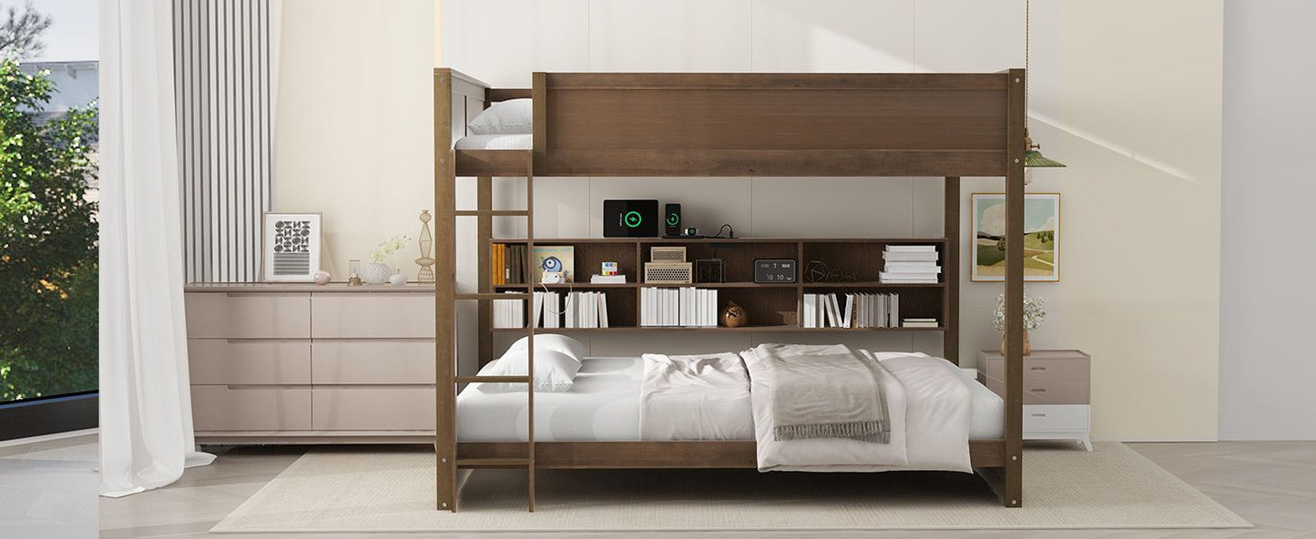 Shared Room Solution Queen Over Queen Wood Bunk Bed with Storage Cabinets and USB Ports, Natural | Just Better Bunk Beds