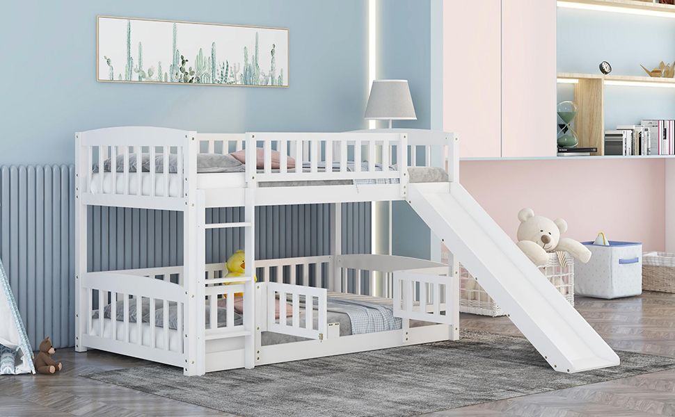 Kids Bedroom Twin Over Twin Wood Low Bunk Bed with Slide, Fence and Ladder, White | Just Better Bunk Beds