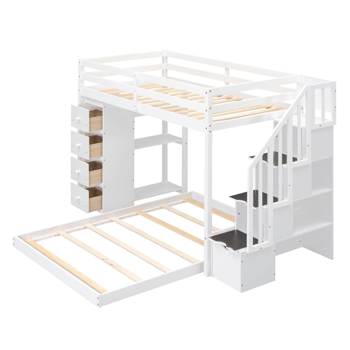 Storage Staircase Twin Over Full Wood Bunk Bed with 3-Layer Shelves and Drawers, White | Just Better Bunk Beds
