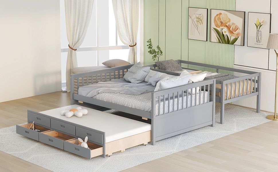 Space-Saving Twin Over Full Wood Bunk Bed with Twin Trundle and Drawers, Gray | Just Better Bunk Beds