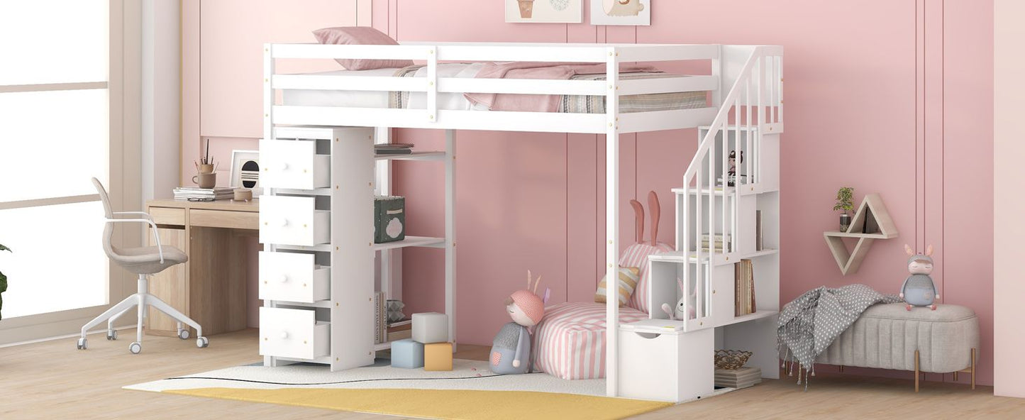 Kids Bedroom Twin Wood Loft Bed with Storage Drawers and Stairs, Espresso | Just Better Bunk Beds