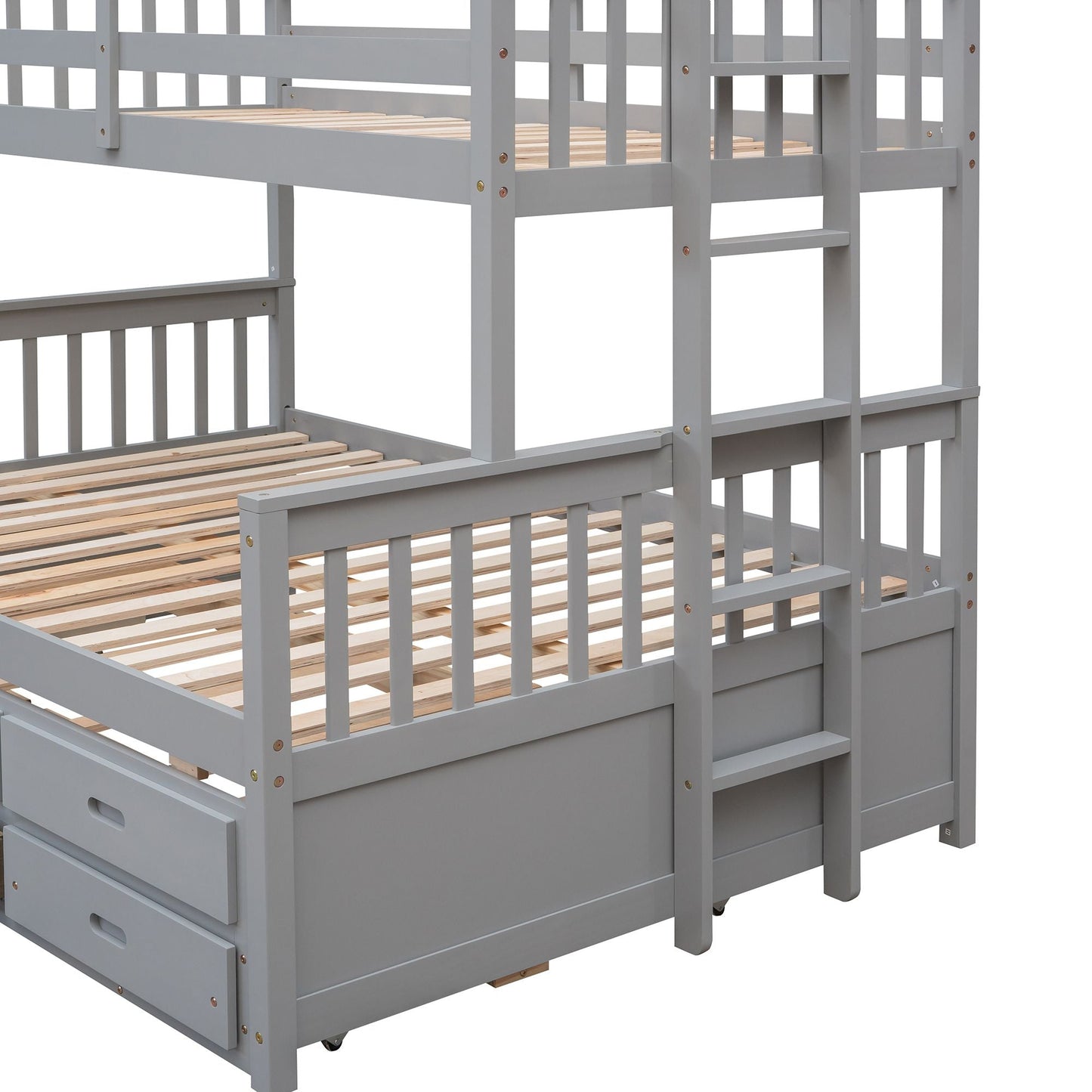 Space-Saving Twin Over Full Wood Bunk Bed with Twin Trundle and Drawers, Gray | Just Better Bunk Beds