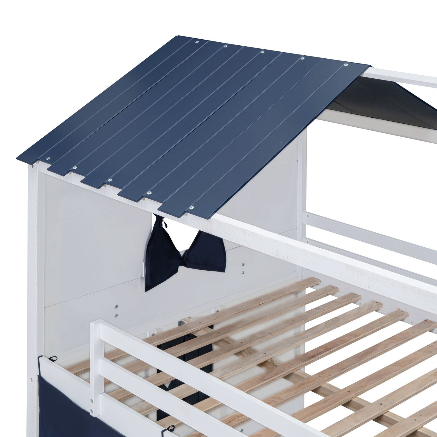 Kids Bedroom Full Wood House-Style Bunk Bed with Windows and Tent, Blue White | Just Better Bunk Beds