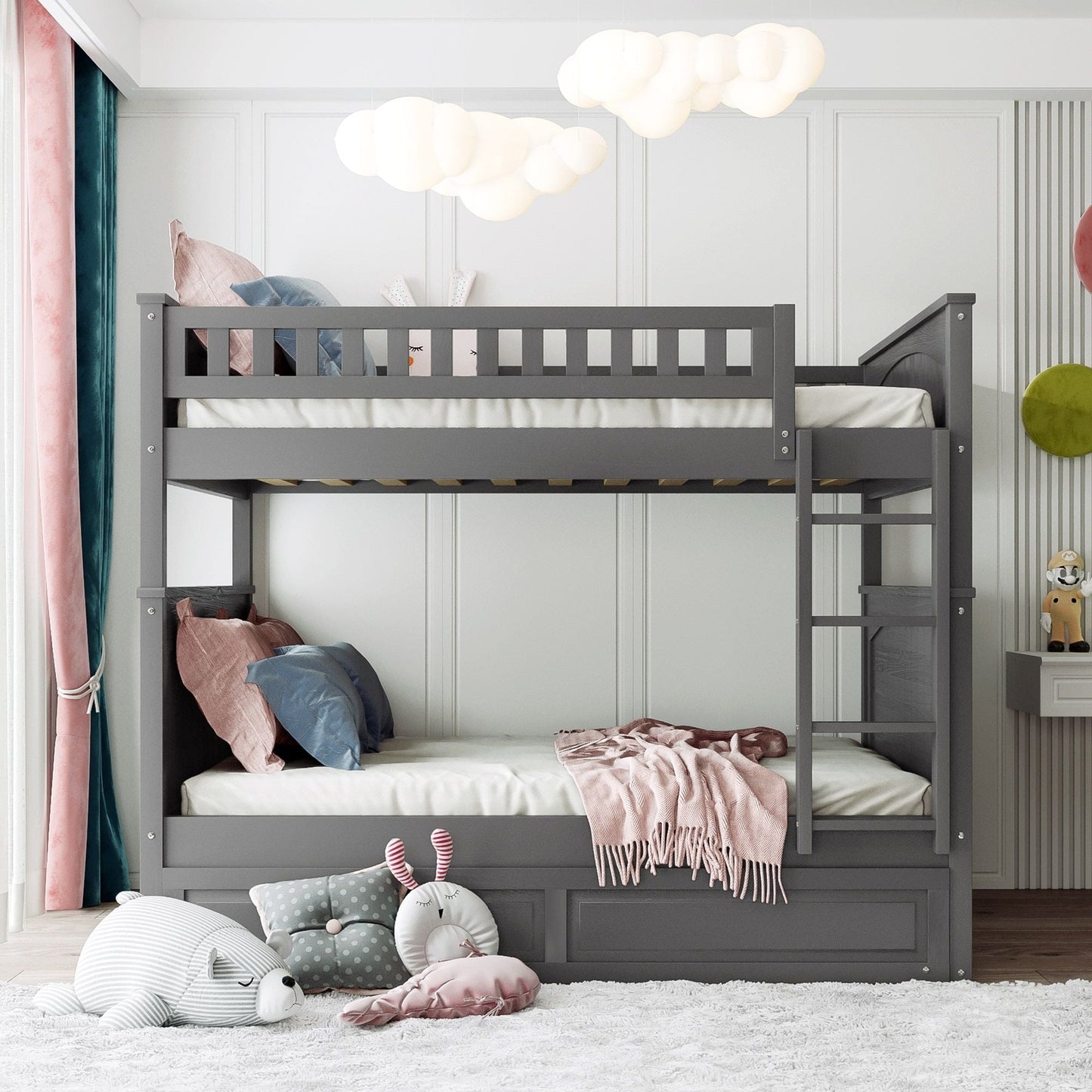 Shared Room Solution Full Over Full Pine Wood Bunk Bed with Twin Trundle and Guardrails, Brushed Gray | Just Better Bunk Beds
