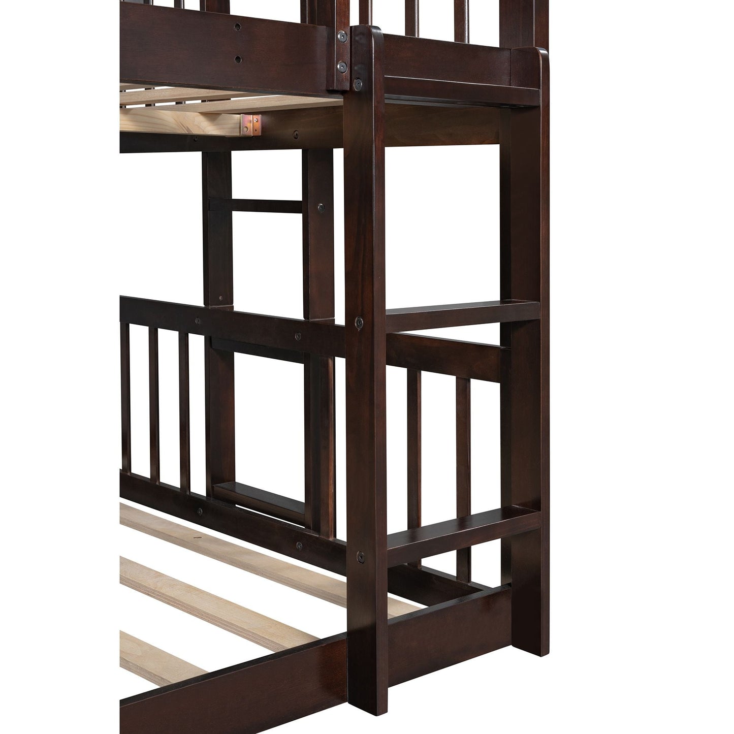 Shared Room Solution Full Over Full Over Full Wood Triple Bunk Bed with Ladder, Slide, Guardrails, Espresso | Just Better Bunk Beds