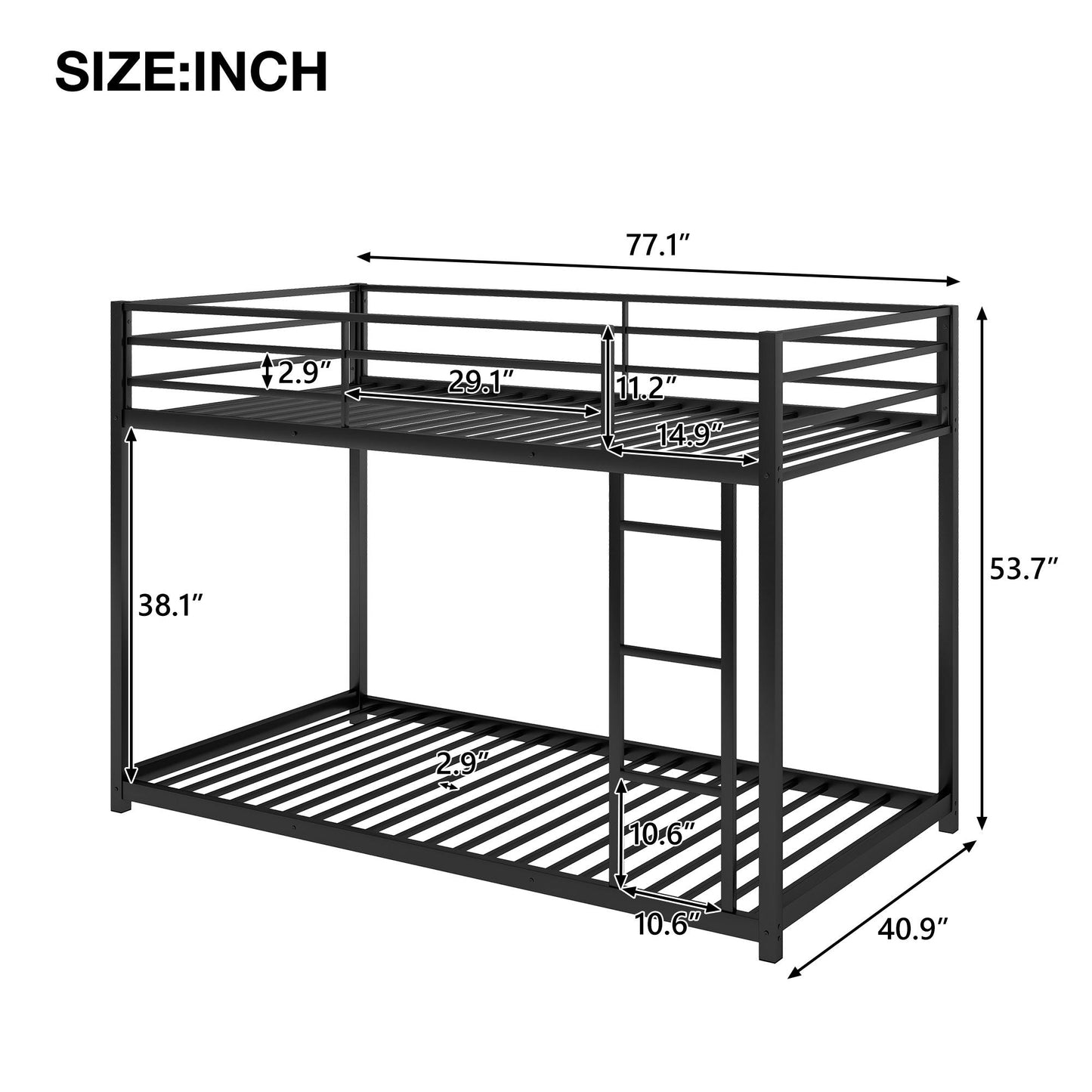 Low Profile Twin Over Twin Metal Bunk Bed with Ladder, White | Just Better Bunk Beds