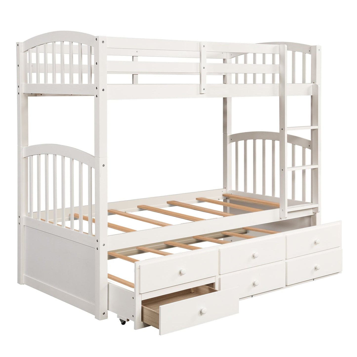 Space-Saving Twin Wood Bunk Bed with Ladder, Safety Rail, Twin Trundle and 3 Drawers, White | Just Better Bunk Beds