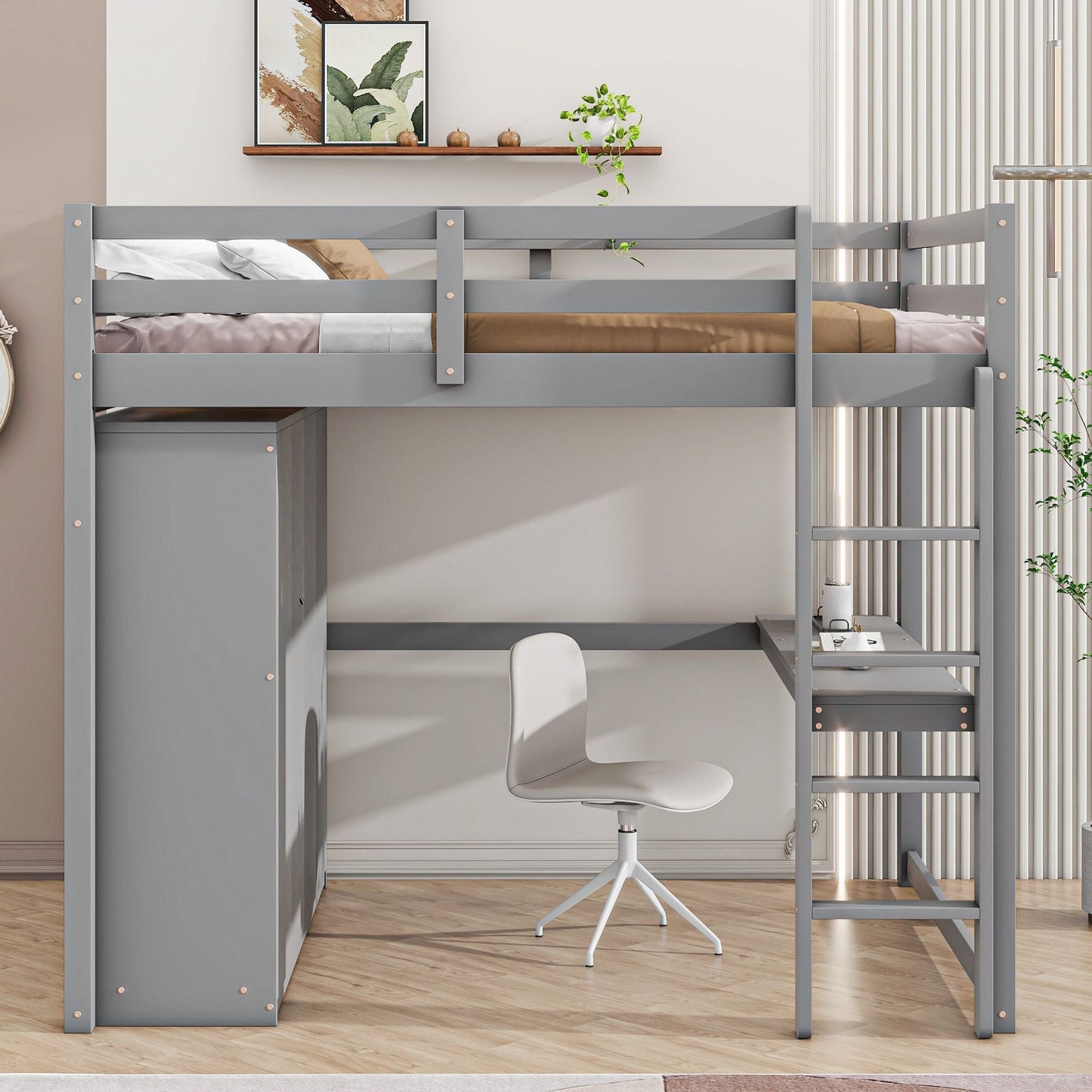 Space-Saving Full Wood Loft Bed with Built-in Wardrobe, Desk & Storage, Gray | Just Better Bunk Beds