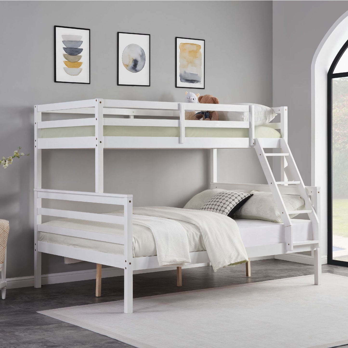 Shared Room Solution Twin Over Full Wood Bunk Bed, White with Ladder and High Guardrail | Just Better Bunk Beds