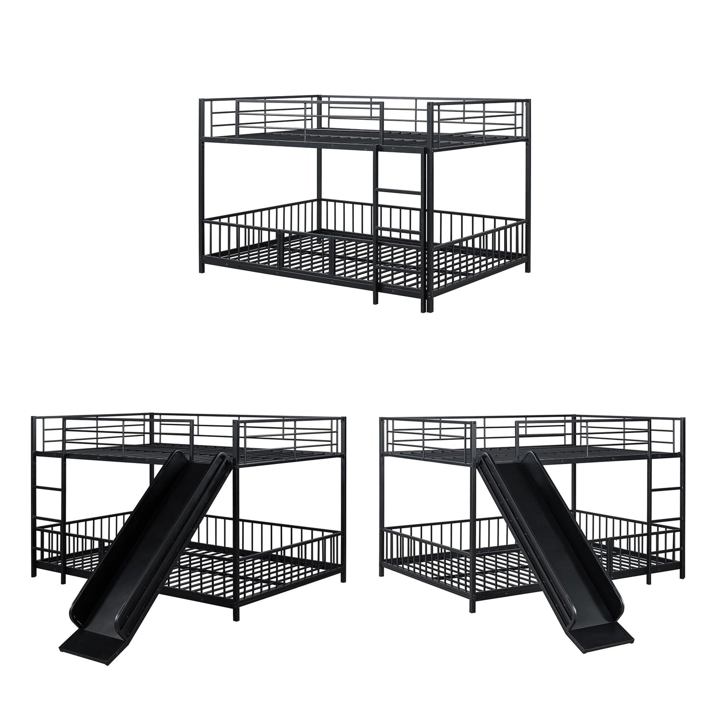 Full over Full Size Metal Bunk Bed with Slide and Guardrails,  Black