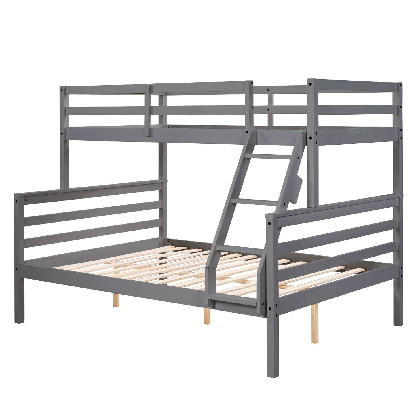 Shared Room Solution Twin Over Full Wood Bunk Bed, Gray with Ladder and High Guardrail | Just Better Bunk Beds