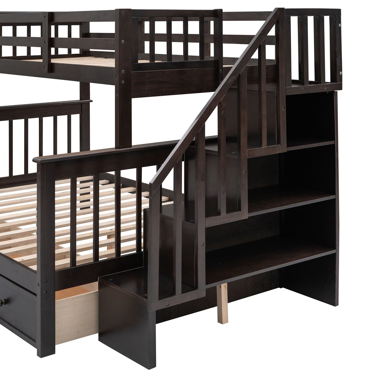 Stairway Twin-Over-Full Bunk Bed with Drawer,  Storage and Guard Rail for Bedroom,  Dorm,  for Adults,  Espresso