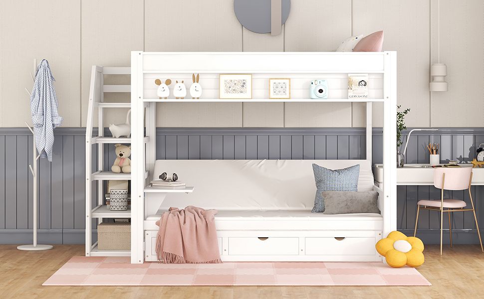 Convertible Full Wood Bunk Bed with Storage Staircase, Bedside Table, 3 Drawers, White | Just Better Bunk Beds